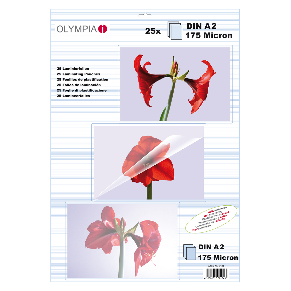 Olympia 9184 Laminierfolien DIN A2, 175µ, 25er Pack hochtransparent, hohe Qualität