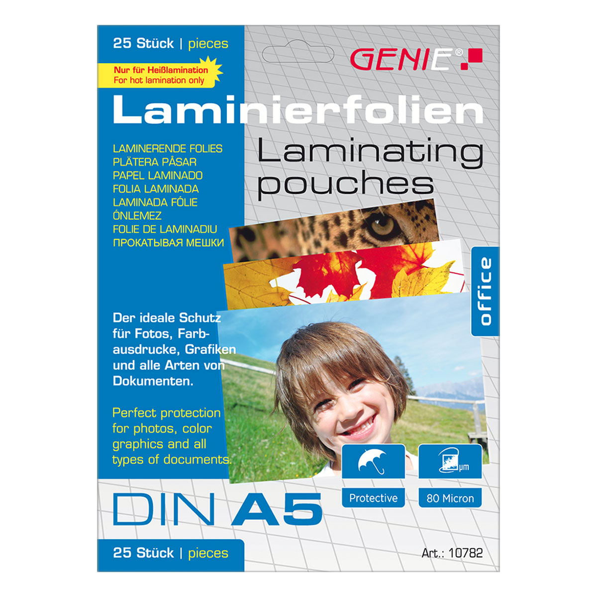 Genie 10782 Laminierfolien DIN A5 / 154x216mm / 80µ / 25er Pack hochtransparent, hohe Qualität