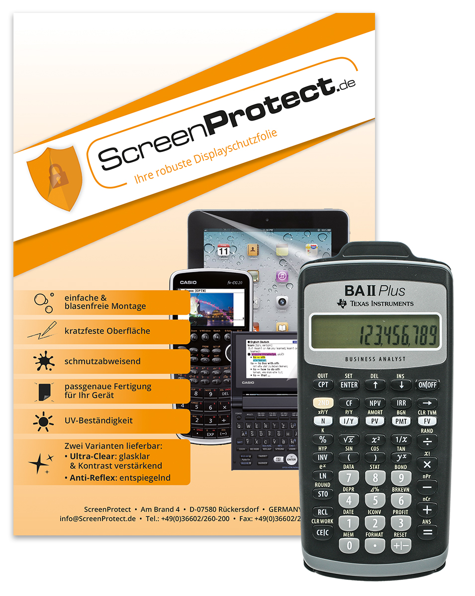 ScreenProtect Displayschutzfolie UltraClear für TI-BA II Plus (Folie+Microfasertuch)