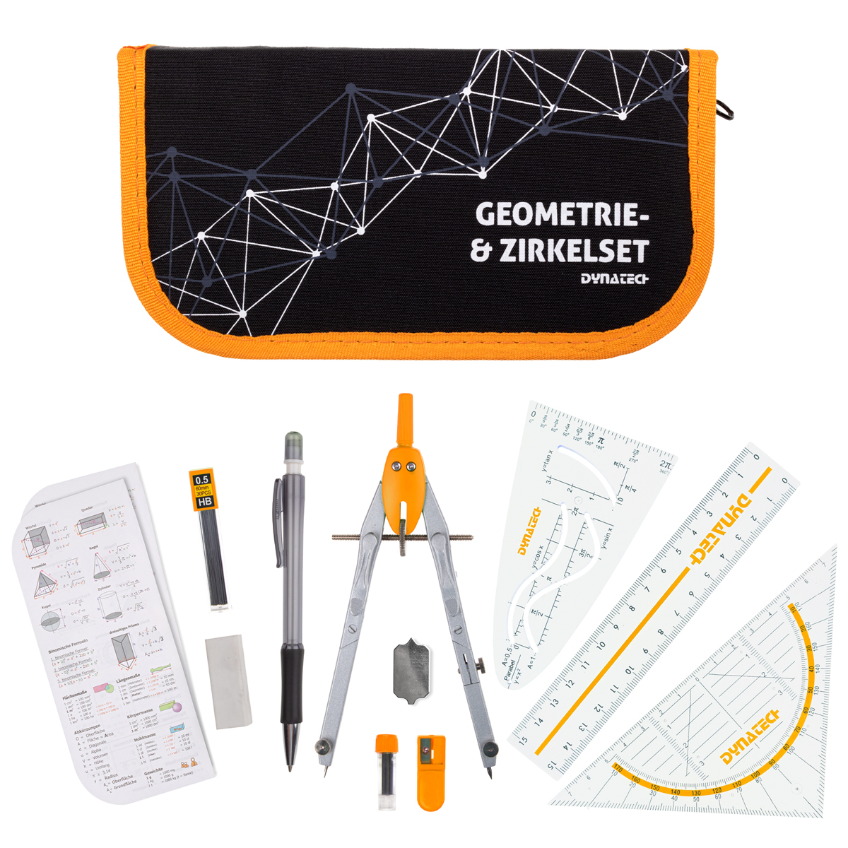 DynaTech Geometrie- und Zirkelset (13-teilig) Etui mit Reißverschluss in orange