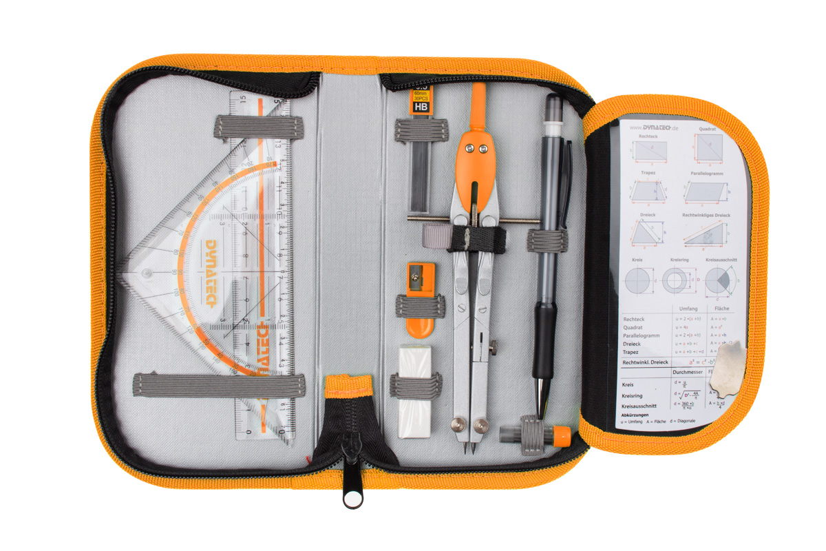 DynaTech Geometrie- und Zirkelset (13-teilig) Etui mit Reißverschluss in orange