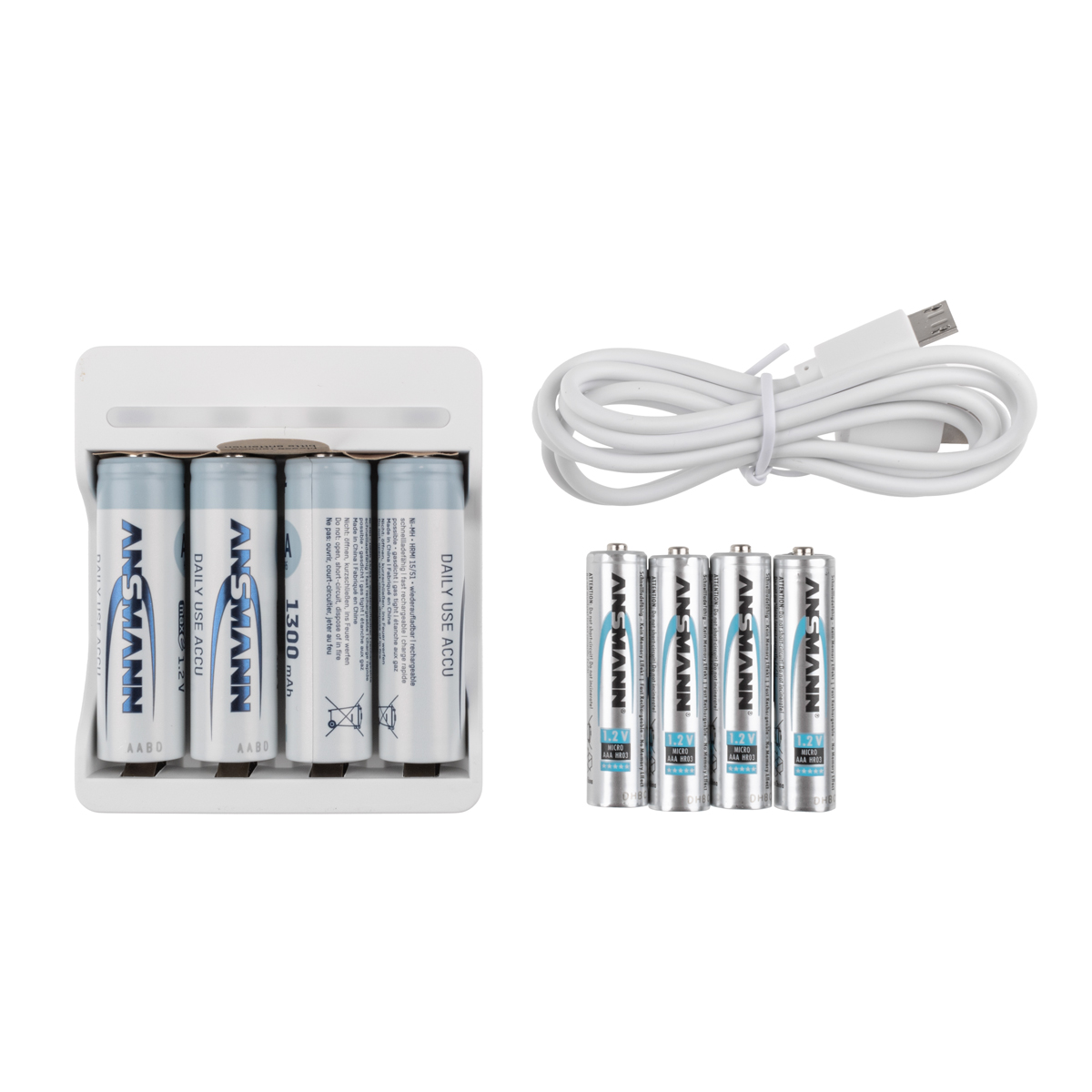 Ansmann Komplett Set: Ladegerät für USB Basic IV + 4x NiMh-Akku AA/1300mAh + 4x NiMh-Akku AAA/mAh 