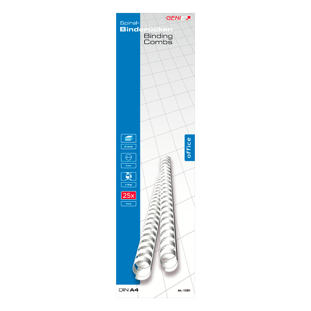 GENIE 12381 Spiralbinderücken / A4 / 12mm (85 Blatt) / weiß / 25er Pack 