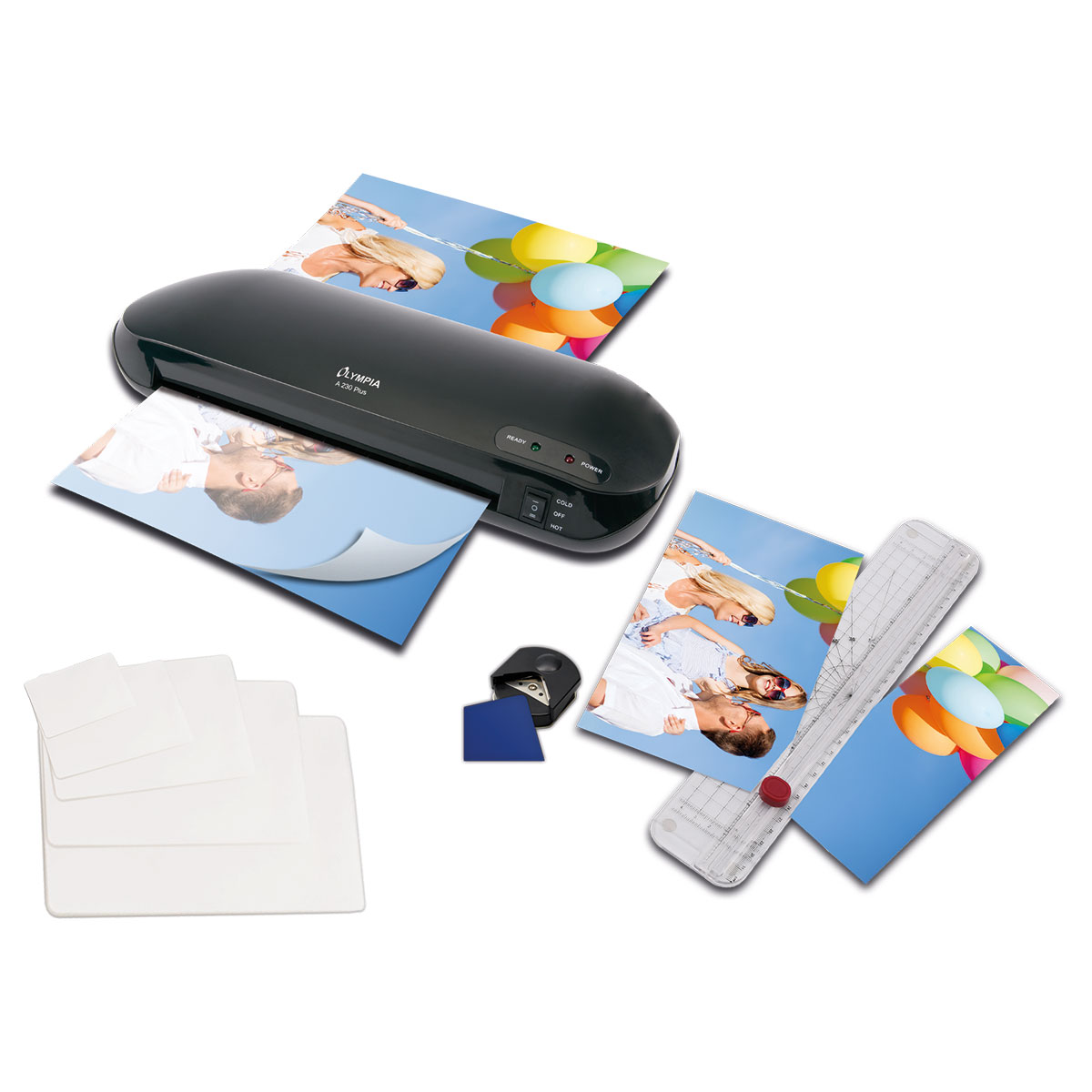 Olympia A 230 Plus 4-in-1-Set I Laminiergerät + Trimmer-Schneidelineal+ Eckenrunder + Folien-Set Folie 80µ: 3x A4 I 3x A5 I 3x A6 I 6x Visitenkarte