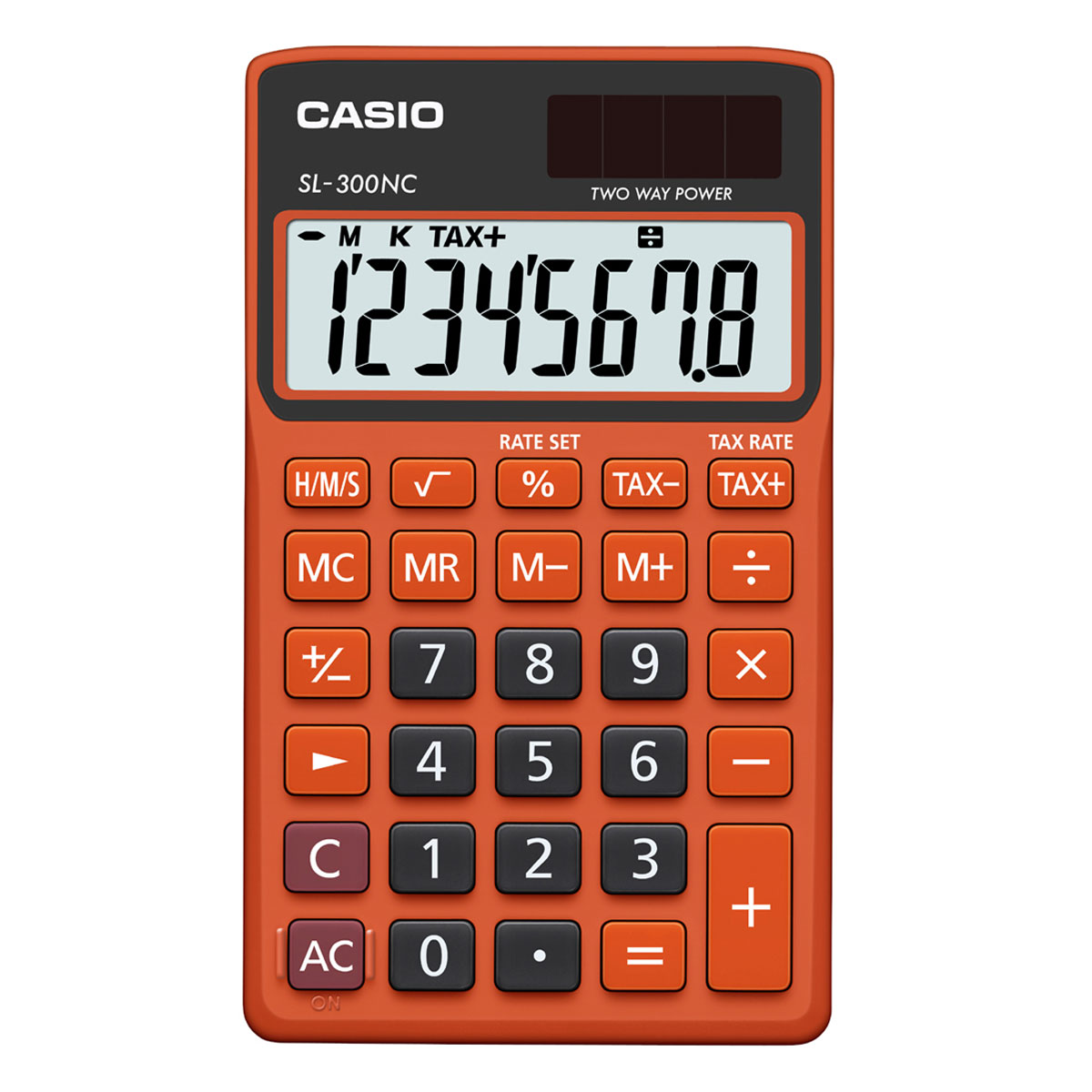 Casio SL-300 NC orange anzeigender Tischrechner 8-stelliges LCD/TAX/Solar/Batterie/HMS-Umrechnung