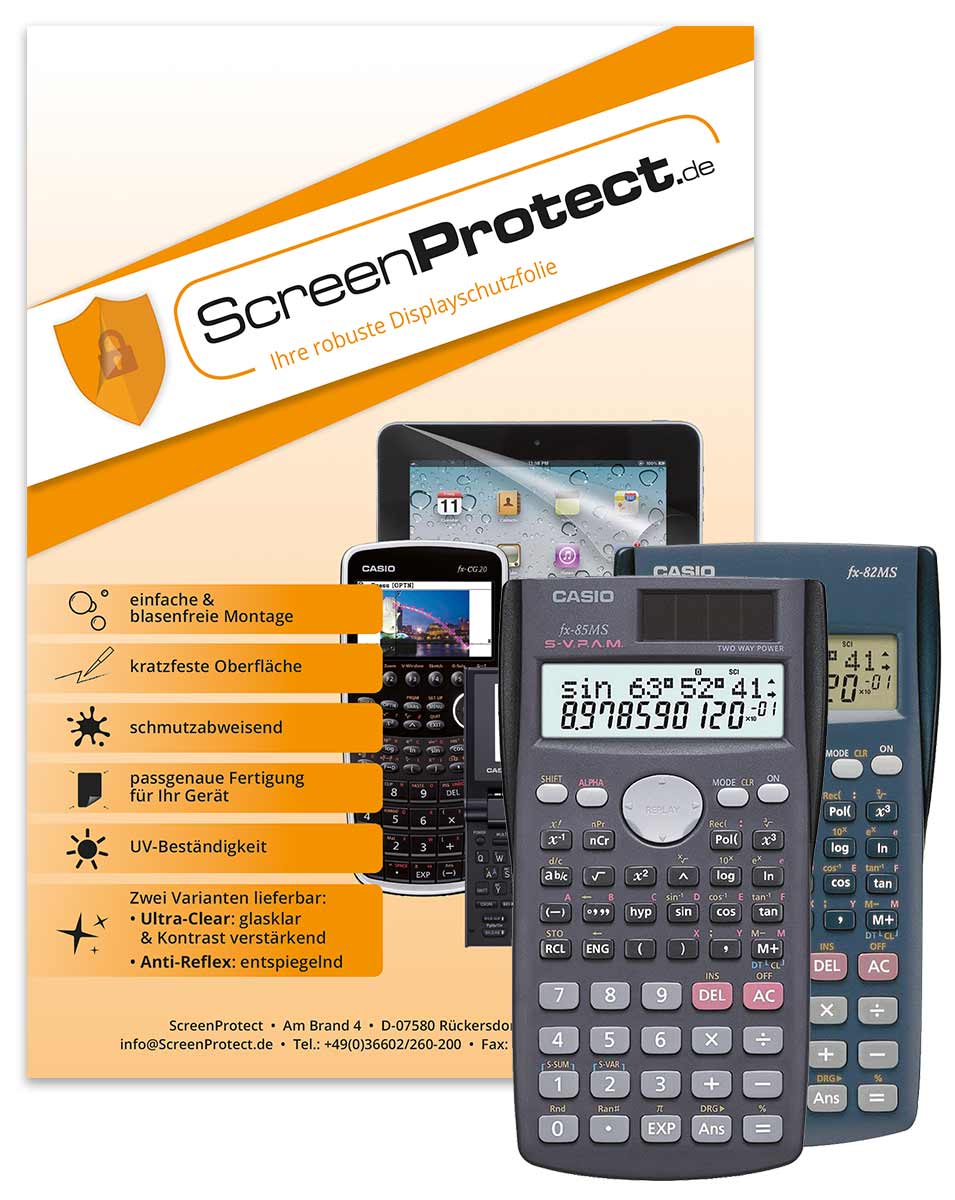 ScreenProtect Displayschutzfolie UltraClear für Casio FX-82 MS u. FX-85 MS (Folie+Microfasertuch)