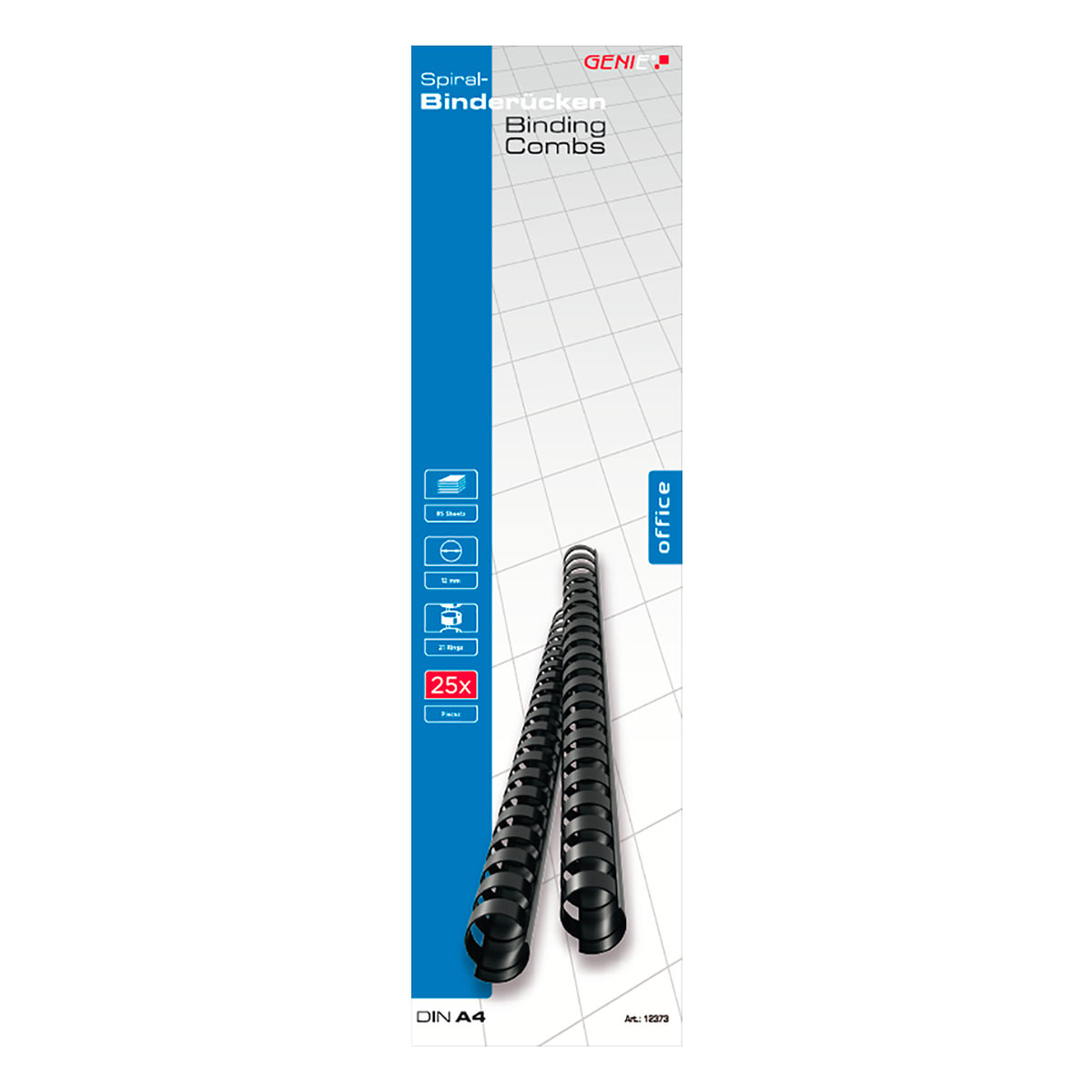 GENIE 12373 Spiralbinderücken / A4 / 12mm (85 Blatt) / schwarz / 25er Pack 