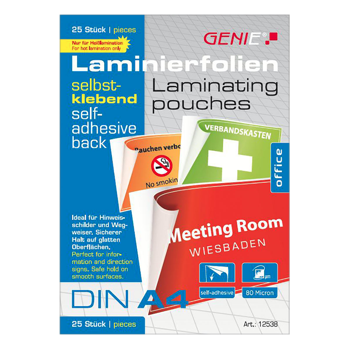 Genie 12538 Laminiertaschen / A4 / selbstklebend / 80 µ / 25er Pack 