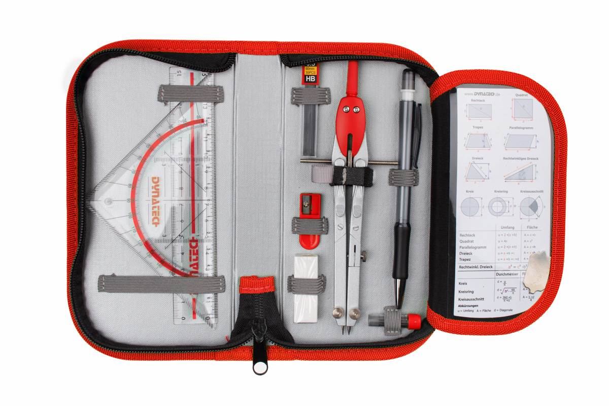 DynaTech Geometrie- und Zirkelset (13-teilig) Etui mit Reißverschluss in rot