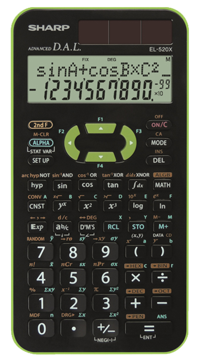 Sharp EL-520X GR Schulrechner in grün Solarbetrieb mit Stützbatterie