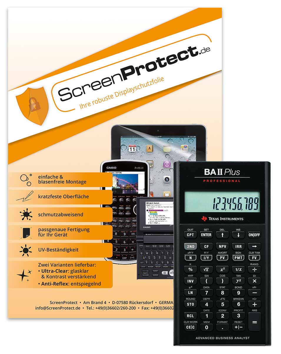 ScreenProtect Displayschutzfolie UltraClear für TI-BA II Plus Professional (Folie+Microfasertuch)