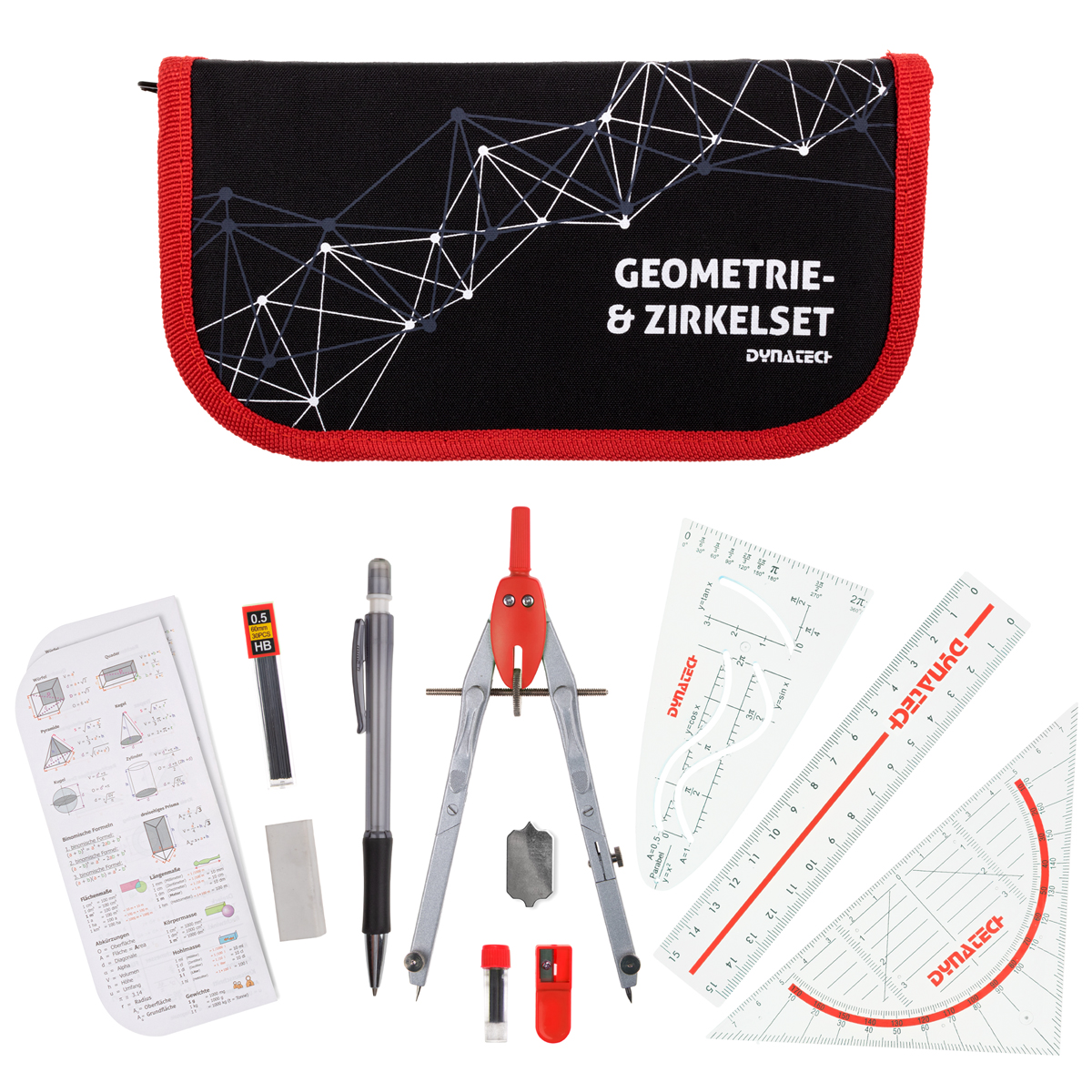 DynaTech Geometrie- und Zirkelset (13-teilig) Etui mit Reißverschluss in rot